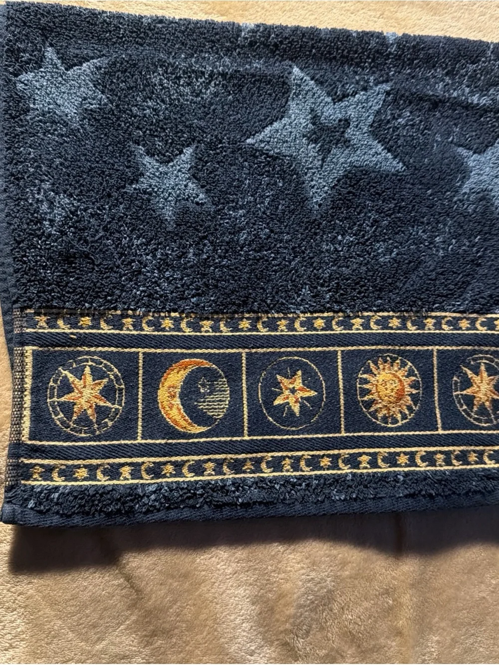 Spring Maid Contour hourglass Celestial Star & Moon Blue 100% Cotton Hand Towel